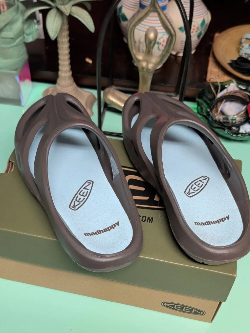 Keen Brown Slip-On Ventilated Clog with Light Blue Footbed